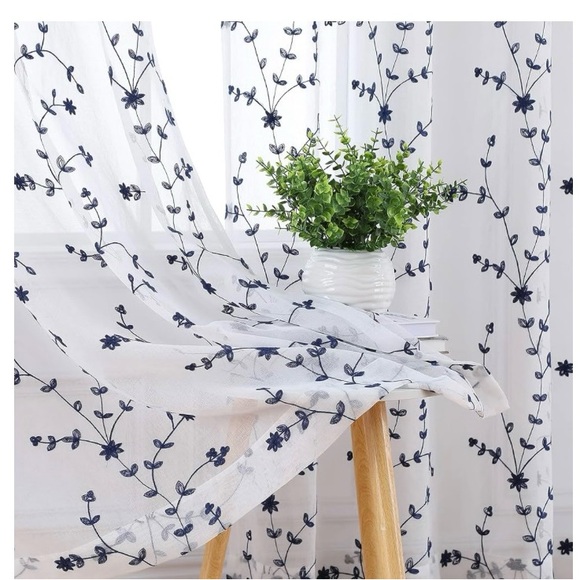 Two 84” Panels—Sheer White Curtains— Navy Blue Leaf Embroidered With Grommets - Picture 2 of 5